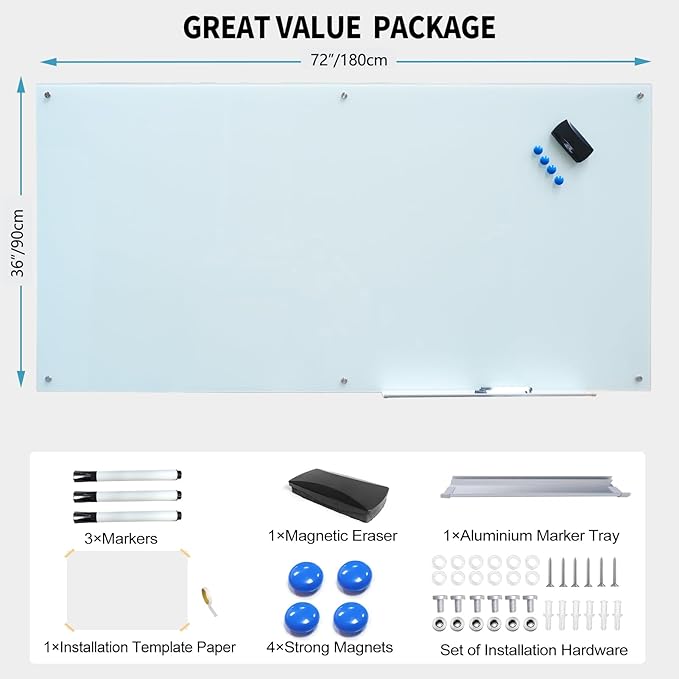 Magnetic Glass Writeboard Tempered Glass Dry Erase Boards Wall Mounted Frameless Whiteboard Bulletin Message Boards (White, 72" Wx36 H)