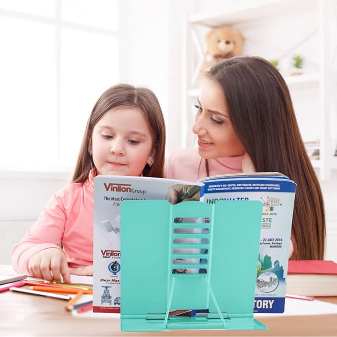 Honagu Book Stand Metal Desk Book Holder, Book Holders for Reading Hands Free, Adjustable Cookbook Documents Holder, Portable Bookstand for Music Books, Textbook, Recipe, Tablet, Ipad (Light Green)