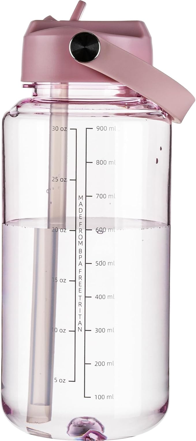 OLDLEY 32 oz Clear Water Bottle with Straw,Tritan BPA-Free, Wide Mouth, Leak Proof - for Gym, Travel, Home, School, Office (Pink)