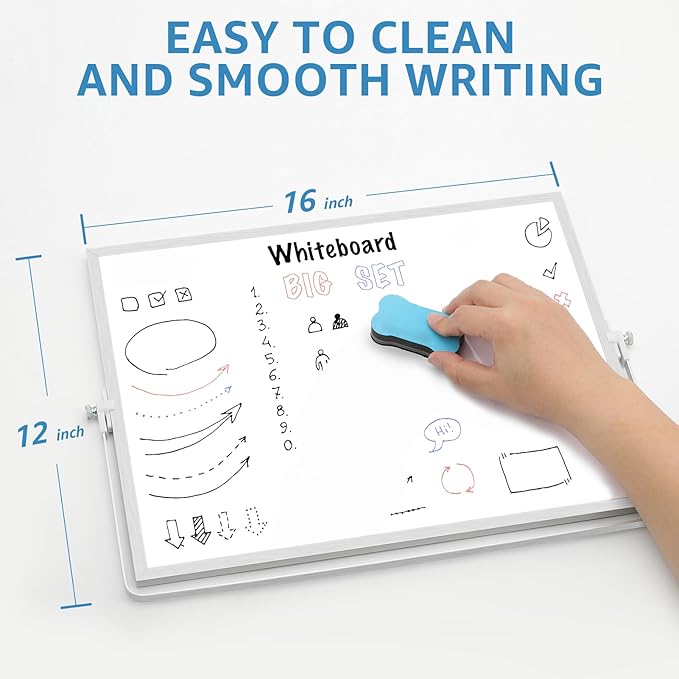 MaxGear White Board for Wall and Desktop Stand, 16" x 12" Large Double-Sided Dry Erase Board, 10 Markers, 6 Magnets, 1 Eraser, 1 Pen Clip, 1 Wall Nail, Portable Tabletop Whiteboard for Home, Office