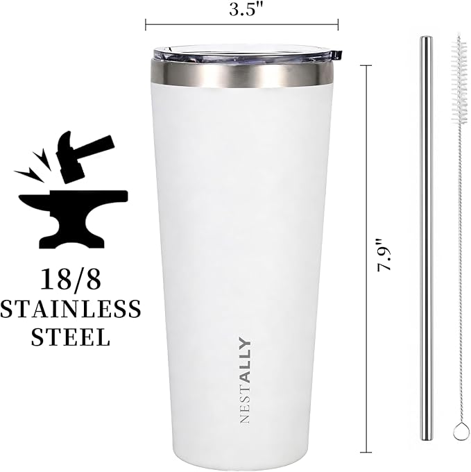 NESTALLY Coast 20oz Stainless Steel Tumbler,Extra Capacity Holds Up to 22oz, Double Wall Vacuum Insulated Travel Coffee Mug with Lid & Metal Straw, Leakproof Reusable Cup for Travel (Soft White)