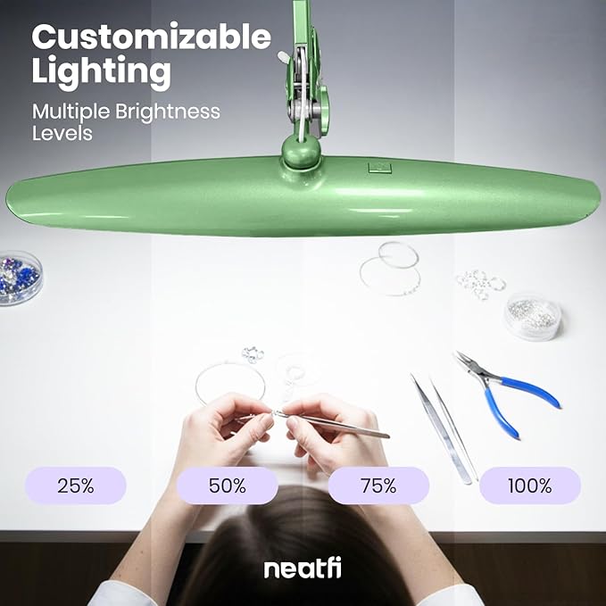 Neatfi XL 2200 Lumens 24W LED Desk Lamp – Shadow-Free Task Lighting | 4-Level Dimming | Home Office & Crafts Use | 20-Inch Wide Head (Midnight Green, Non-CCT with Clamp)