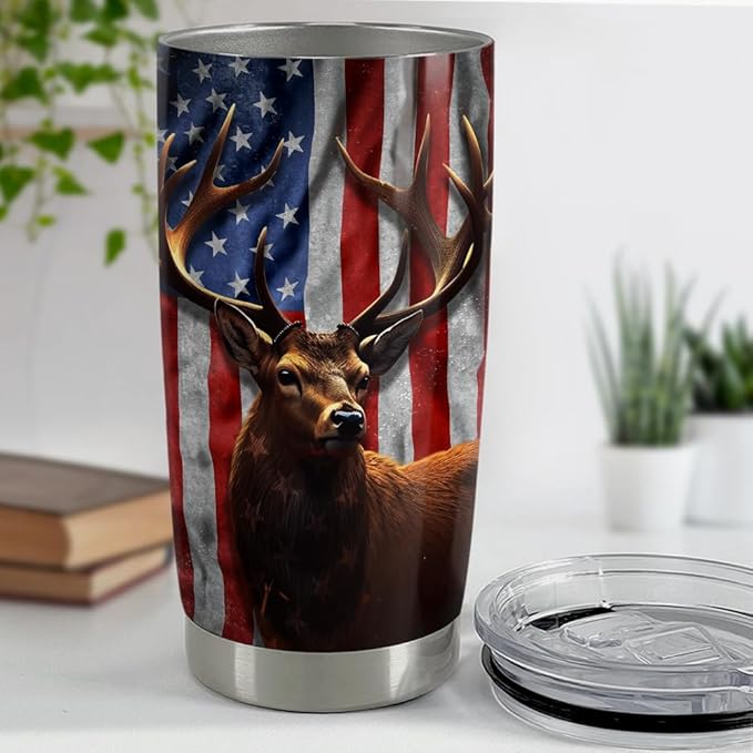 SANDJEST Hunting Tumbler Cup 20oz Deer Hunting Gifts for Men Hunters American Flag Stainless Steel Insulated Tumblers Coffee Travel Mug Hunter Gift for Birthday Christmas