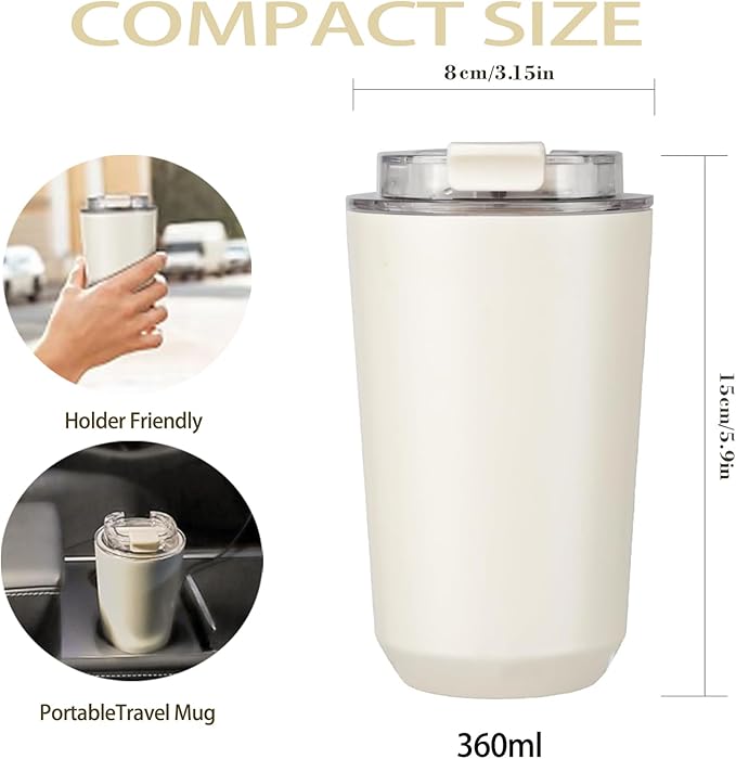 DEQIANG Travel Coffee Cup, Coffee Cup Travel with Lid, Insulated Coffee Mug for Hot & Cold Beverages, Great Gift Choice for Coffee Lovers, Office Workers, Hikers & Commuters (White, 12 oz)