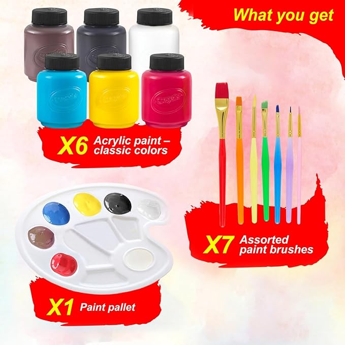 Acrylic Paint Set for Kids Includes 6 Acrylic Paints, Painting Canvas, 7 Paintbrushes, Paint Pallet, Arts and Crafts for Kids Canvas Painting Supplies Gifting Bundle