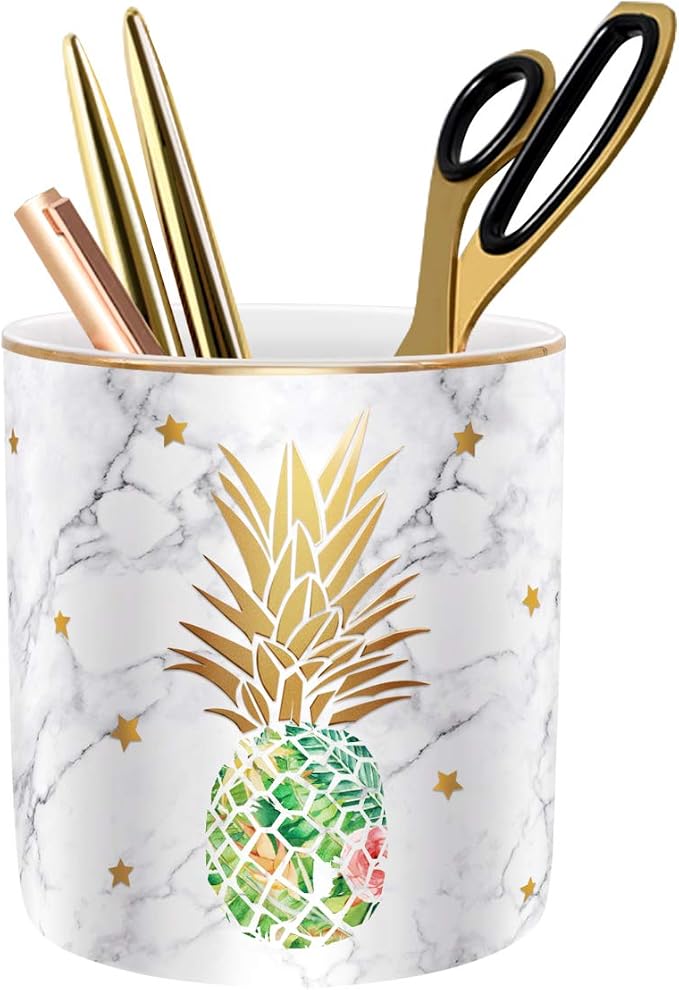 Large Capacity Colored Pencil Holder for Desk, Pineapple Pen Cup Holder, Pretty Office Accessories for Girls Women, Ceramic Organizers, Makeup Brush Holder for Home, Green Pineapple