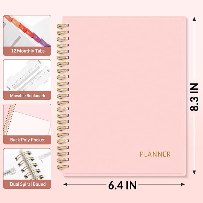 SUNEE Academic Planner 2026-2027 – Weekly & Monthly Planner, July 2026 to June 2027, 6.4"x8.3", Thick Paper, Tabs, Pockets, Bookmark, Spiral-Bound, Student Teacher Organizer, Pink