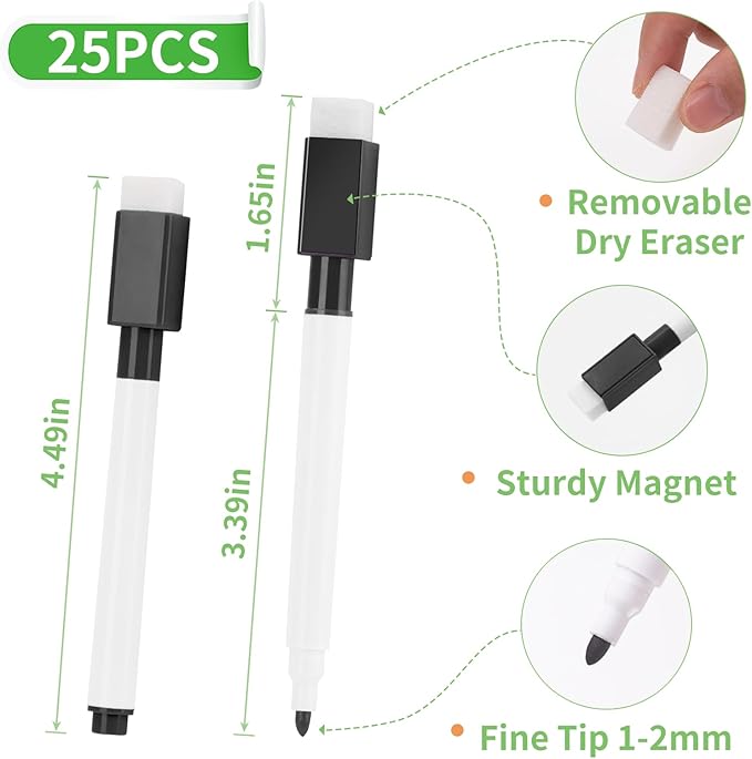 100 Pcs Black Magnetic Dry Erase Markers with Eraser Cap, White Board Mini Dry erase Markers Bulk, Fine Point Tip White Board Markers for Teachers Office School Supplies