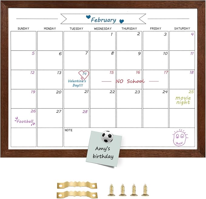 Dry Erase Monthly Calendar Whiteboard, Magnetic Whiteboard for Wall, Hanging Board for Office, Home School, Solid Pine Wood Walnut Brown Framed Message Board, 13"x 17"(YL-WB-3343-B)