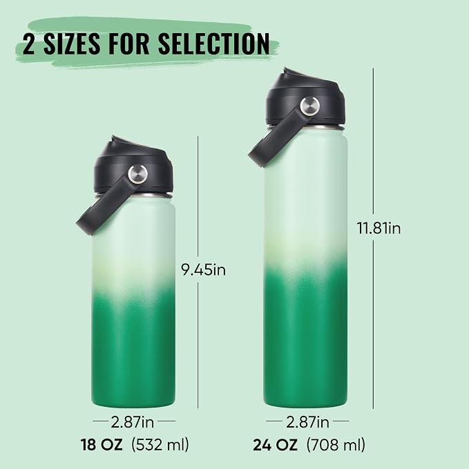 Fijinhom 18oz Insulated Stainless Steel Water Bottle, Wide Mouth Double Wall Vacuum, Silicone Straw, Sweat & Leak Proof, BPA Free Insulated Water Flask for Travel, Green Gradient