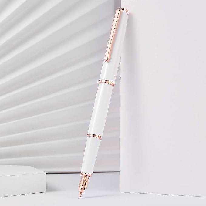 Hongdian 920 White Fountain Pen, Rose Gold Plated Medium Nib Smooth Writing Pen, Classic Pen with Ink Converter