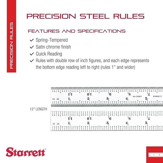 Starrett Spring Tempered Steel Rule with Satin Chrome Finish, Quick Reading and Inch Graduation - 12" Length, 6R Graduation Type, 3/64" Thickness - C606R-12