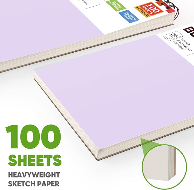 Soucolor 9" x 12" Sketch Book, Gifts for Girl, Birthday Gifts for Women, Thank You Gifts, Stocking Stuffers,2 Pack Art Supplies 100-Sheets Each (68lb/100gsm) Purple Drawing Notebook for Kids