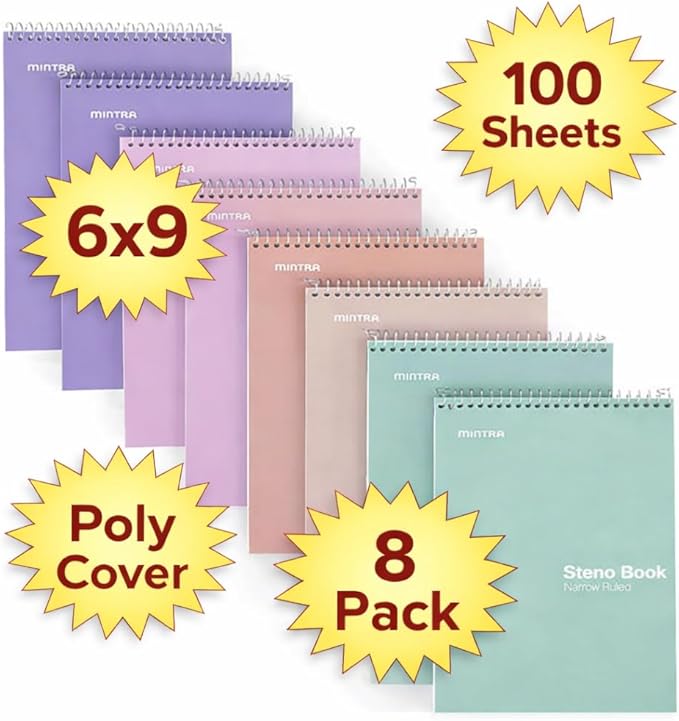 Mintra Office Steno Books Set - Top-Spiral Bound, Narrow Ruled, 100 White Tint Sheets, Pastel Covered Notebooks for Office & School, Colorful Lavender, Sage, Salmon, Spring Pink,6"x9", 8 Pack
