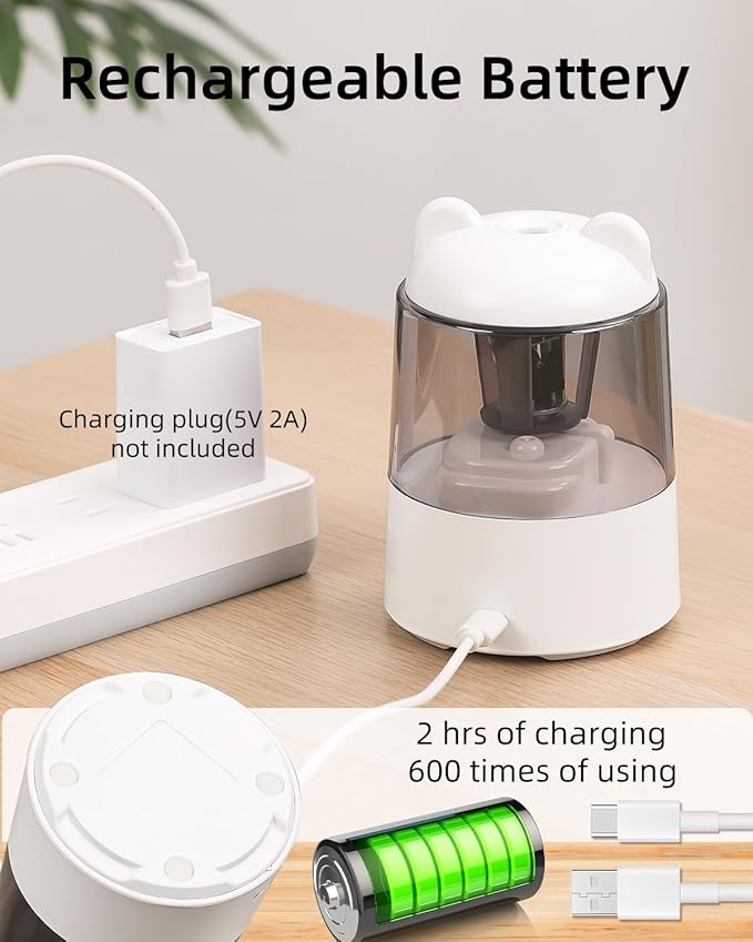 ZMOL Colored Pencil Sharpener, Rechargeable Electric Pencil Sharpener, Auto Stop, Pencil Sharpeners for Battery Powered Cute for Kids Gift No.2/Colored Pencils (6-8mm), Classroom/Office/Home White