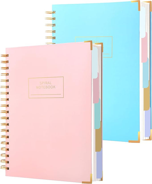 Yoment 2 Pack 5 Subject Notebook College Ruled, Hardcover Spiral Notebooks for Work School, B5 Multi Subject Notebook with Tabs Dividers, 240 Pages Lined Journal for Women Men, Pink&Blue