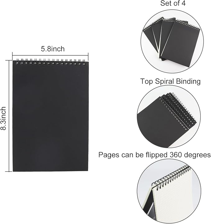 4 Pack Graph Paper Notebook, A5 Top Wirebound Grid Spiral Notebook 5.8" x 8.3",60 Sheets,5mm x 5mm Grid Paper,Grid Notepad for Students, Math, Engineering (Black)