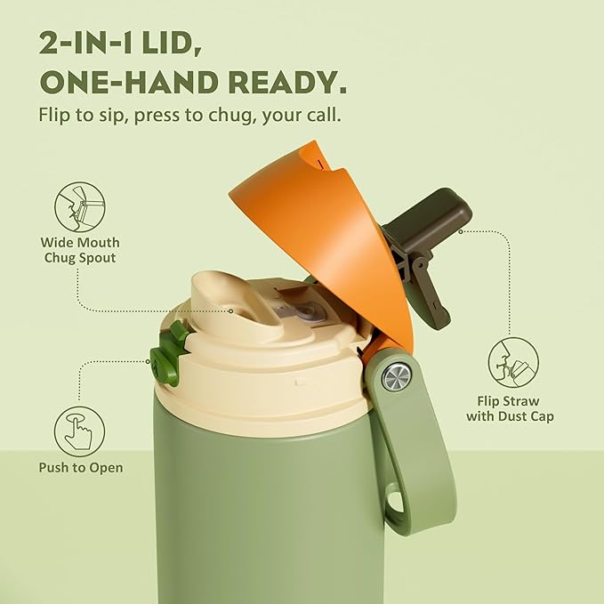 POWCAN 24 oz Metal Sports Water Bottle: 2-in-1 Push-Button Spout & Quick-Flip Straw, Leakproof, Cold 24 Hrs, Fits Car Cup Holder, Insulated Bottle for Hiking, Camping, School, Travel Gift (Olive Cool)