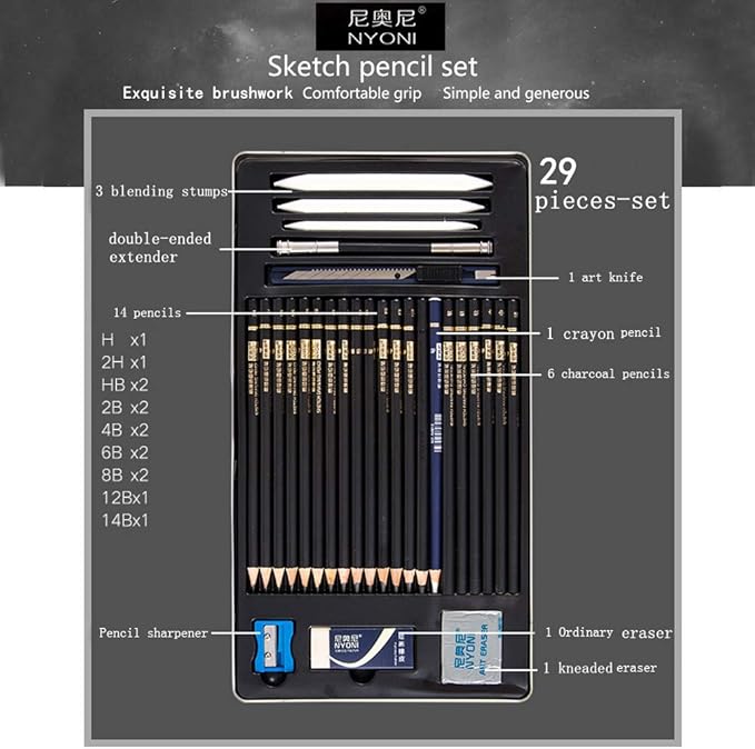 Sketching Pencils Set, Metal Box Packaging, Including Graphite Pencils、Charcoal Pencils、Blending Stumps and other tools for drawing (A set with 29pieces).