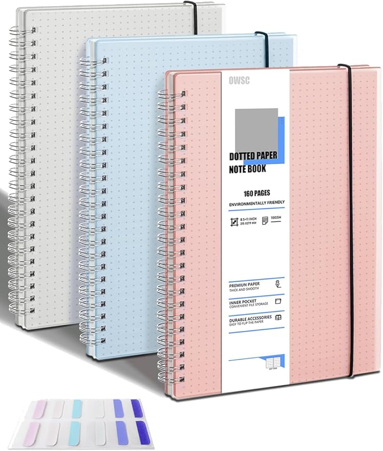 OWSC 3 Pack Dot Notebook, 8.5 x 11 Inches Spiral Notebooks for Work, School and Journal with 110 GSM Journal Dotted Paper, Large Notebook with 80 Sheets/160 Pages, Hardcover Dot Journal Notebook