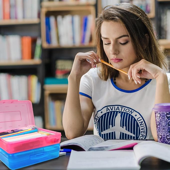 Blue Large Plastic Pencil Box 3 Pack with Aesthetic Design and Hard Case, Comes with Stickers in Pink and Clear Colors