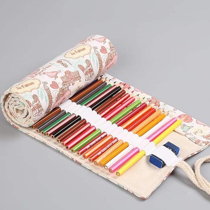 DIYOMR 12/24/36/72 Slots Pencil Wrap Pencil Rolls, Artist Colored Pencils Roll Up Bag Short Brushes Pouch Case Pencils Organizer for Drawing Coloring and Sketching, No Pencils (Paris Tower, 12slots)