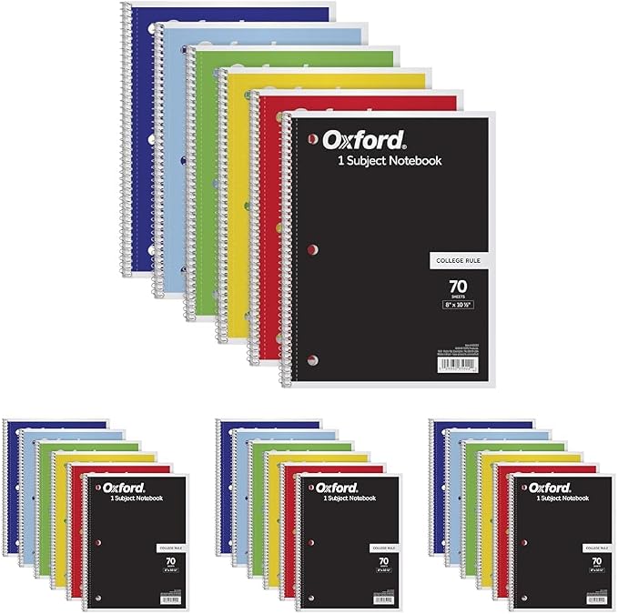 Oxford Spiral Notebook,1 Subject,College Ruled Paper,8 x 10-1/2 Inch,Color Assortment Design May Vary (65007),(Pack of 24)