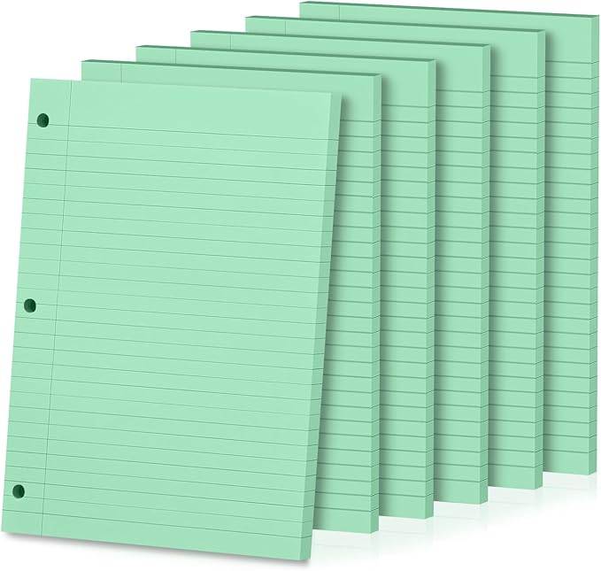 Loose Leaf Paper, 300 Sheets, Wide Ruled, 8" x 10.5", 6 Pack, 70gsm Notebook Paper Filler Sheets, 3 Hole Punched, 50 Sheets/Pack, Wide Ruled Office Filler Writing Notepads for 3 Ring Binder, Green