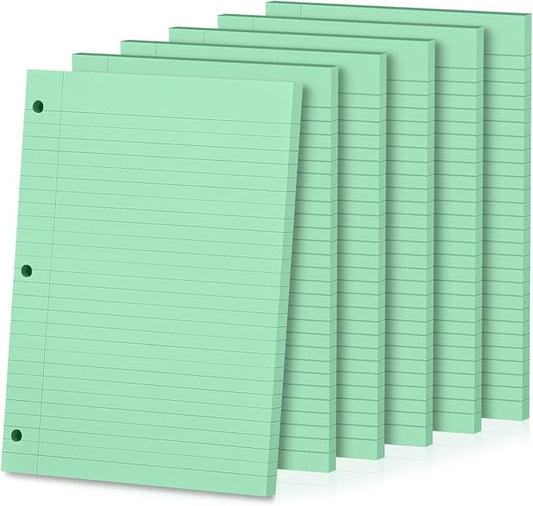 Loose Leaf Paper, 300 Sheets, Wide Ruled, 8" x 10.5", 6 Pack, 70gsm Notebook Paper Filler Sheets, 3 Hole Punched, 50 Sheets/Pack, Wide Ruled Office Filler Writing Notepads for 3 Ring Binder, Green