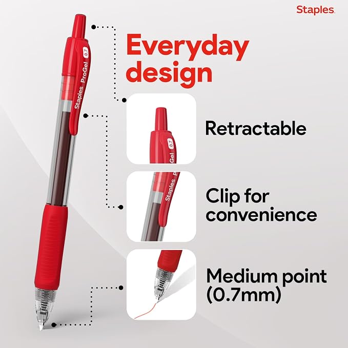 Staples Retractable Gel Pens, Fine Point, Red Ink, 12-Pack | Smooth, quick-dry writing for notes, editing, and everyday office use.