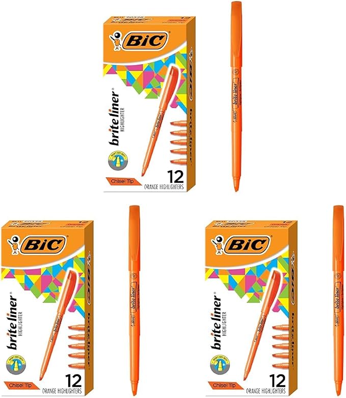BIC Brite Liner Highlighters, Chisel Tip, 12-Count Pack of Orange Highlighters, Ideal Highlighter Set for Organizing and Coloring (Pack of 3)