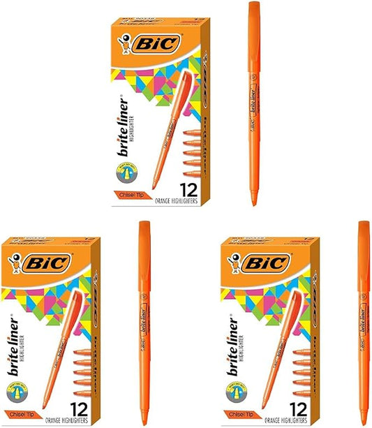 BIC Brite Liner Highlighters, Chisel Tip, 12-Count Pack of Orange Highlighters, Ideal Highlighter Set for Organizing and Coloring (Pack of 3)