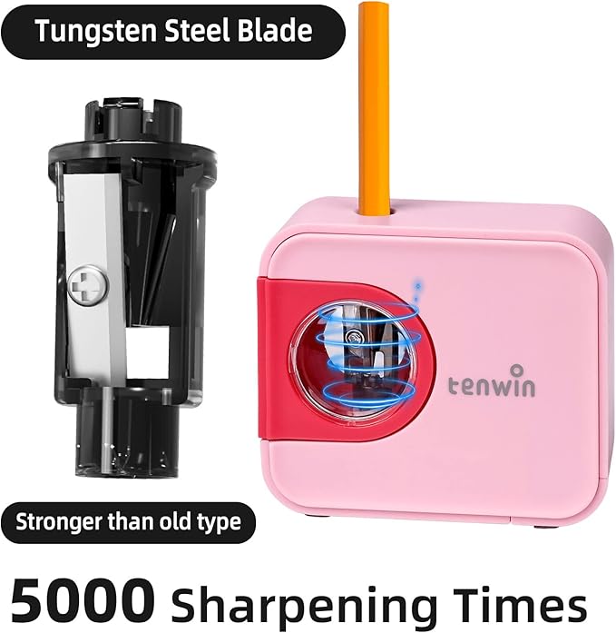 tenwin Portable Electric Pencil Sharpener, Pencil Sharpeners Battery Operated, Tungsten Steel Blade to Fast Sharpen, Kids Pocket Sharpener, Fit to 6-8mm No.2/Colored Pencils, School/Office/Home (Pink)