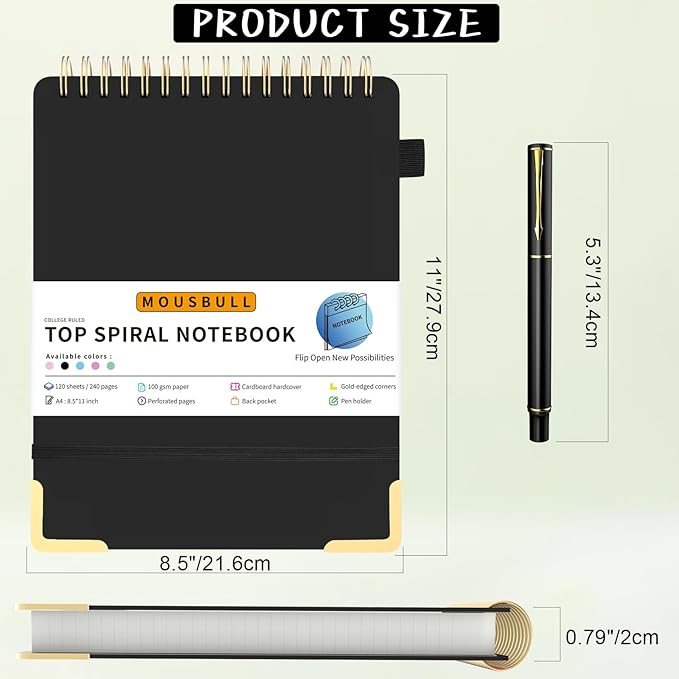 Top Spiral Notebook, A4 Hardcover Top Bound Steno Pads, 240 Pages 100gsm College Ruled Left Handed Notebook Journal for Work, School, Meeting Writing - Black, 8.5" x 11"