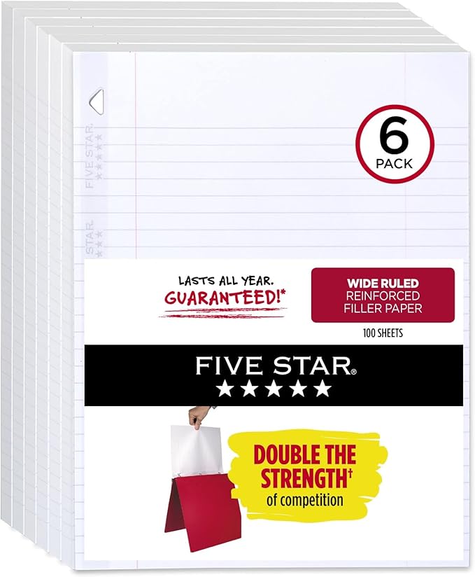 Five Star Loose Leaf Paper, 6 Pack, Notebook Paper, Wide Ruled Filler Paper, Reinforced, 8 x 10.5, 100 Sheets per Pack (15002)