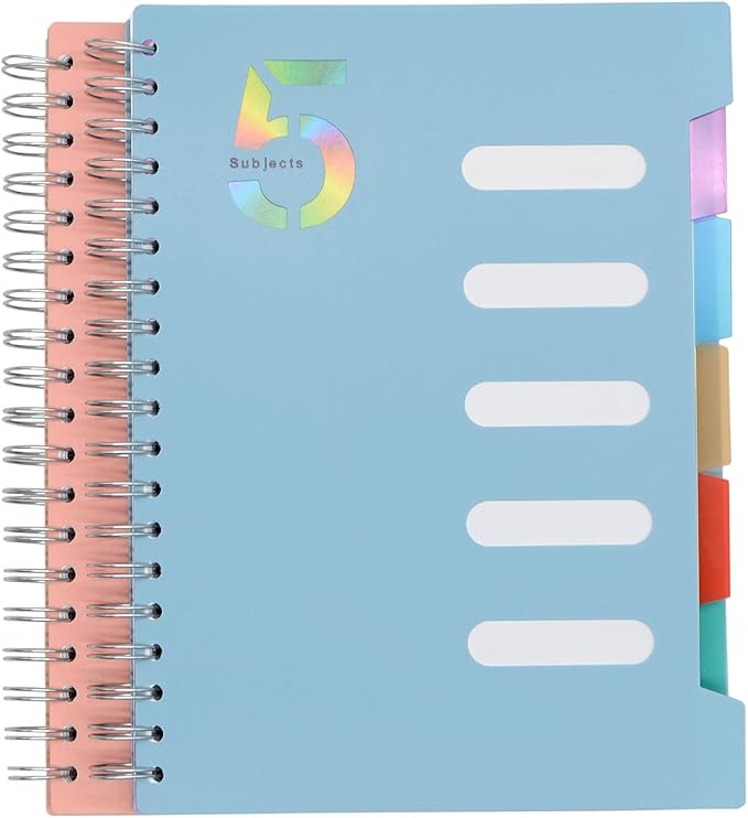 5 Subject Notebook, 2 Pcs Pink and Light Blue 10 Inch x 7 Inch B5 Spiral Notebook With Waterproof Plastic Softcover, 300 Pages 80 Gsm College Ruled Papers With 5 Sheets Colorful Movable Dividers