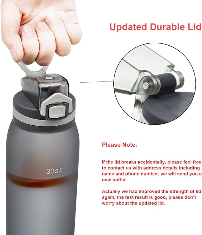 30oz Sport Water Bottle with Time Markers, Large Durable Gym Plastic Bottle Tritan BPA Free for Fitness, Outdoor Enthusiasts, Leakproof Gray (Pack of 1)