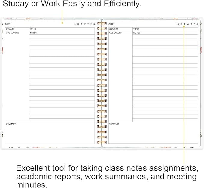 Yaridar A4 Cornell Notes Notebook - 8.5" x 11" College Spiral Cornell Notebooks for Note Taking, Subject College Ruled Steno Pads for Office School/Home, Pink Flower