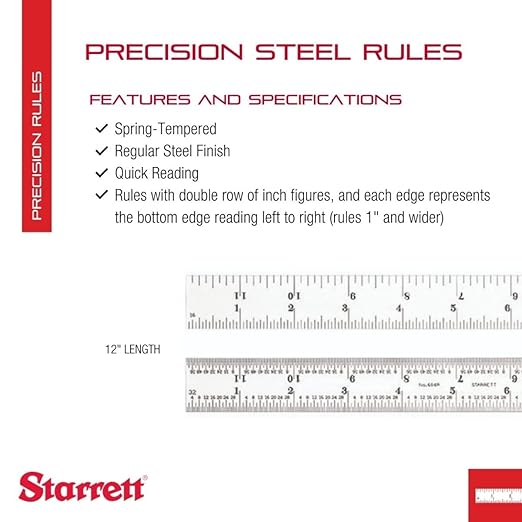 Starrett Spring Tempered Steel Rule with Regular Steel Finish, Quick Reading, and Inch Graduation - 12" Length, 4R Graduation Type, 3/64" Thickness - 604R-12