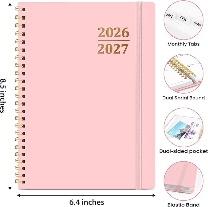 Academic Planner 2026-2027, Weekly and Monthly Calendar Planner Book, July 2026 – June 2027, Hardcover Organizer with Tabs, Perfect for Teachers, Students, Women & Men, A5 (6.4" x 8.5") - Pink