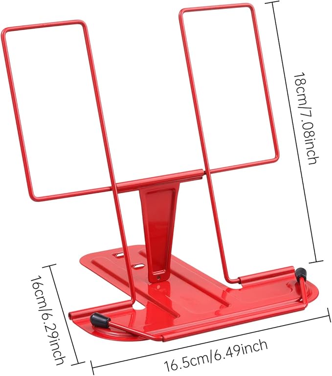 MSDADA Metal Book Stand for Desk, Adjustable Reading Rest Book Holder, Portable Cookbook Documents Holder, Sturdy Typing Stand for Recipes Textbooks Tablet Music Books with Page Clips (Red)