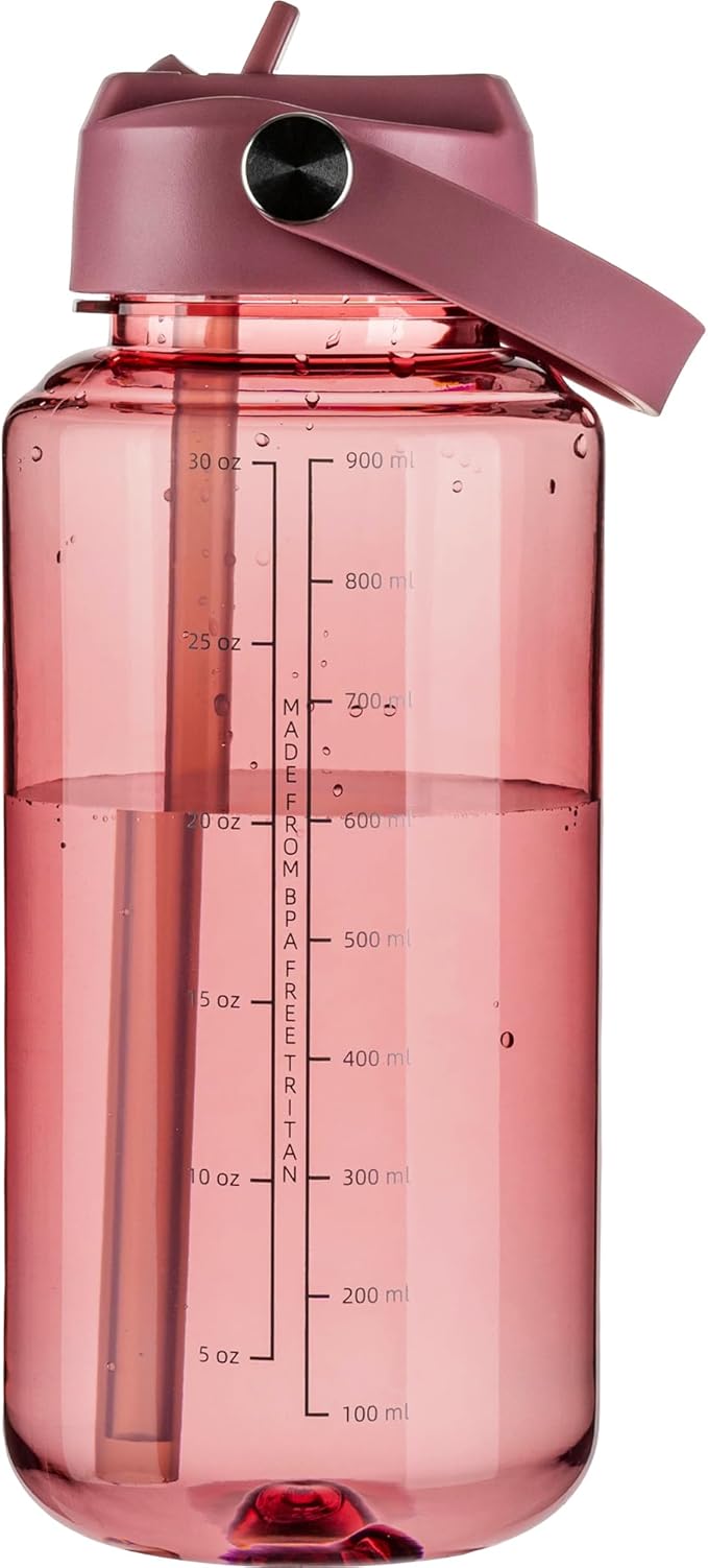 OLDLEY 32 oz Clear Water Bottle with Straw,Tritan BPA-Free, Wide Mouth, Leak Proof - for Gym, Travel, Home, School, Office (Red)