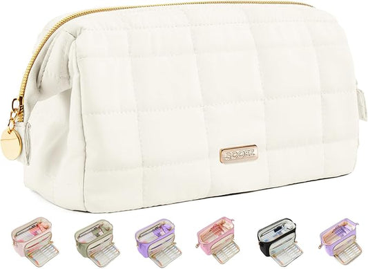 Sooez Large Pencil Case Pouch, Soft Pencil Bag with Zipper, Pen Bag Wide Opening, School Supplies Cute Pencil Case for Girls Boy Men Women, Beige