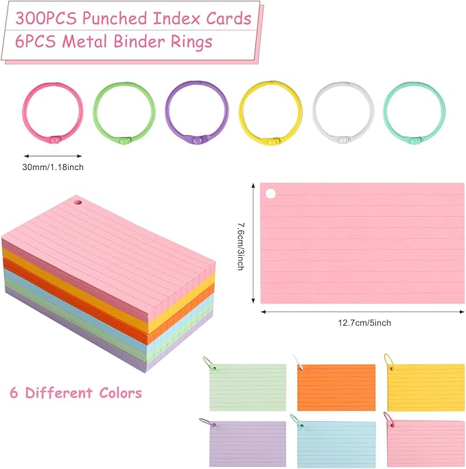 Ruled Colour Index Cards, 300PCS 3" x 5" Punched Flash Cards with 6 Binder Rings, Lined Blank Flashcards, Assorted Colored Study Notecards, Cue Cards for Studying, Office, School (005)