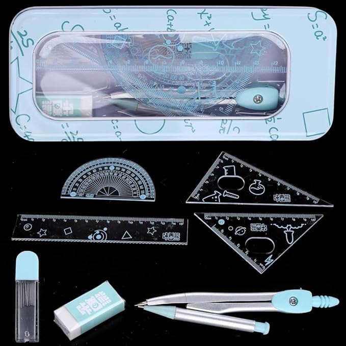 7Pcs Compass/Math Set for Students with Shatterproof Storage Box, Geometry Set for School, Includes Ruler, Protractor and Compass Set, Pencil Sharpener and Eraser for Drafting Tools