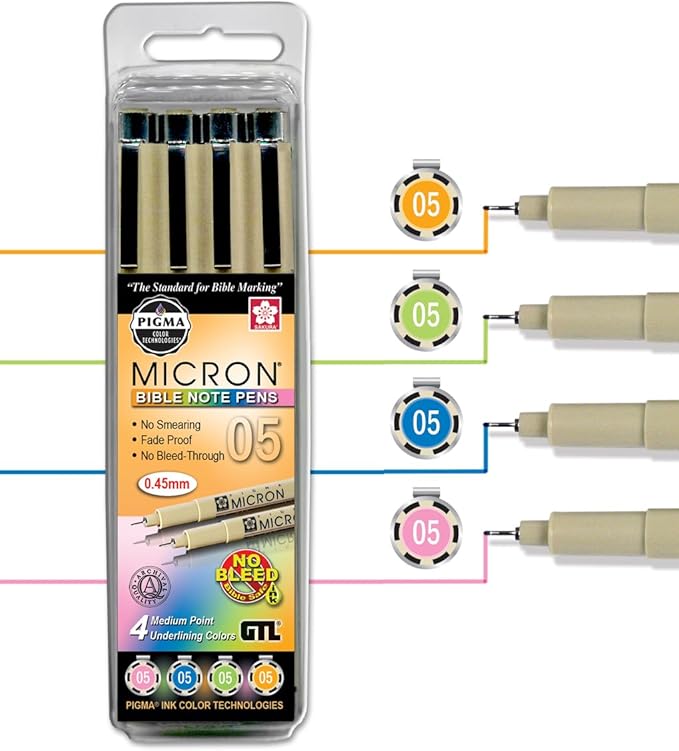 G.T. Luscombe Company, Inc. Pigma Micron 05 Medium Point Bible Note Pen Kit | No Bleed Pigmented Ink | Bible Safe | No Smearing or Fading Artist Pens | Pink, Blue, Green, Orange (Set of 4)