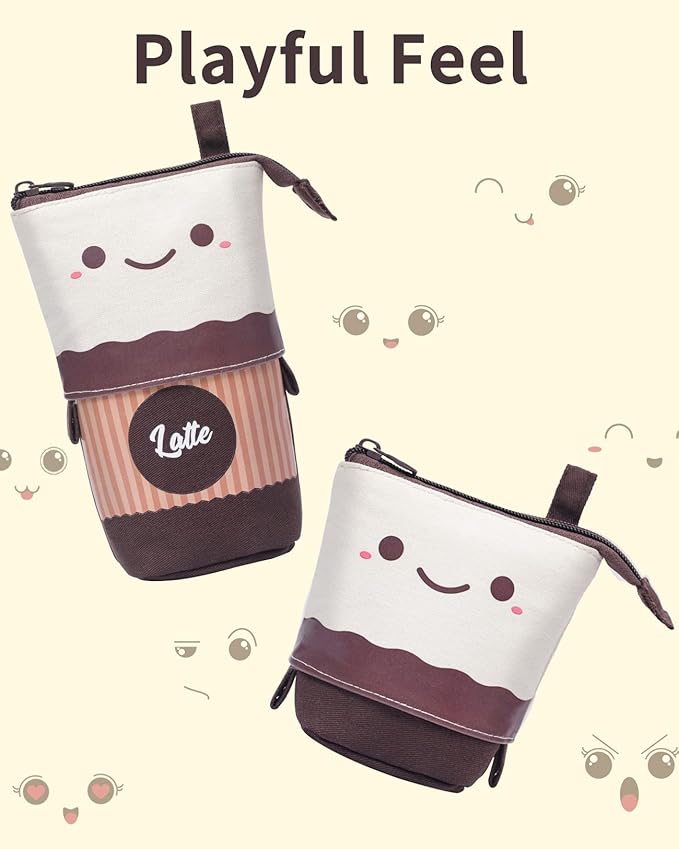 Sooez Standing Pencil Case, Cute Stand up Pencil Pouch, Telescopic Pen Pouch, Portable Pencil Holder, Cute Stand up Pencil Case, Spacious Pencil Pouch Bag for School Office Supplies, Brown Coffee