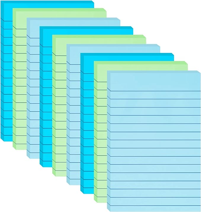 9 Pack Lined Sticky Notes with Lines 4X6 in Post, Aquatic Themed Colors Large Ruled Post Sticky Super Sticking Power Memo Pads Strong Adhesive, Sticky Notes 4x6 (Light Blue, Blue, Light Green)