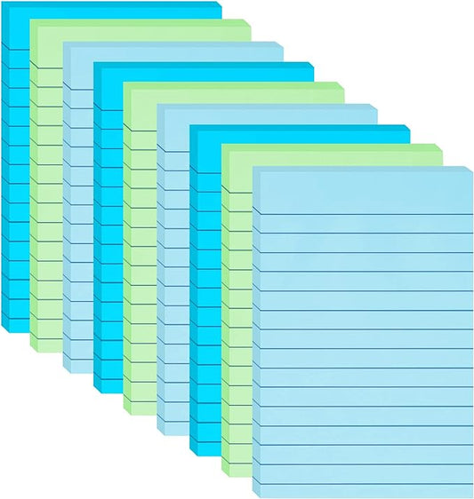 9 Pack Lined Sticky Notes with Lines 4X6 in Post, Aquatic Themed Colors Large Ruled Post Sticky Super Sticking Power Memo Pads Strong Adhesive, Sticky Notes 4x6 (Light Blue, Blue, Light Green)