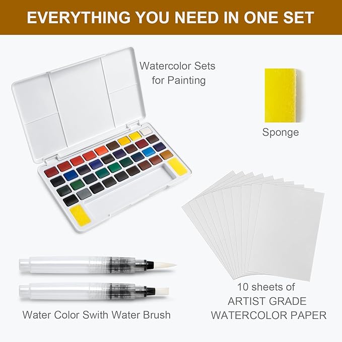 Woomer Watercolor Paint Set, 36 Vibrant Colors with Water Brush & 10 Premium Cotton Watercolor Papers (32K), Perfect for Beginners, Hobbyists and More